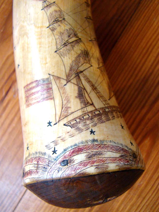 A rare and unbelievably beautiful American polycrome decorated and sailor carved patriotic powder horn circa 1810-1830 — image 3